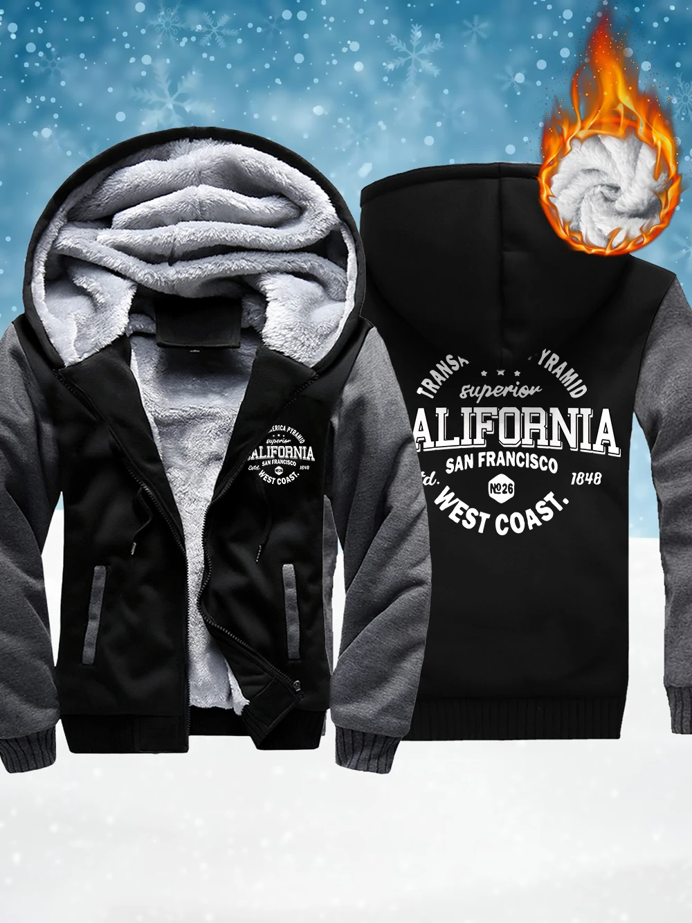 

California West Coast Prints Men'S Zipper Outerwear Winter Thermal Thicken Coats Fleece Warm Windproof Jackets Casual Men Tops