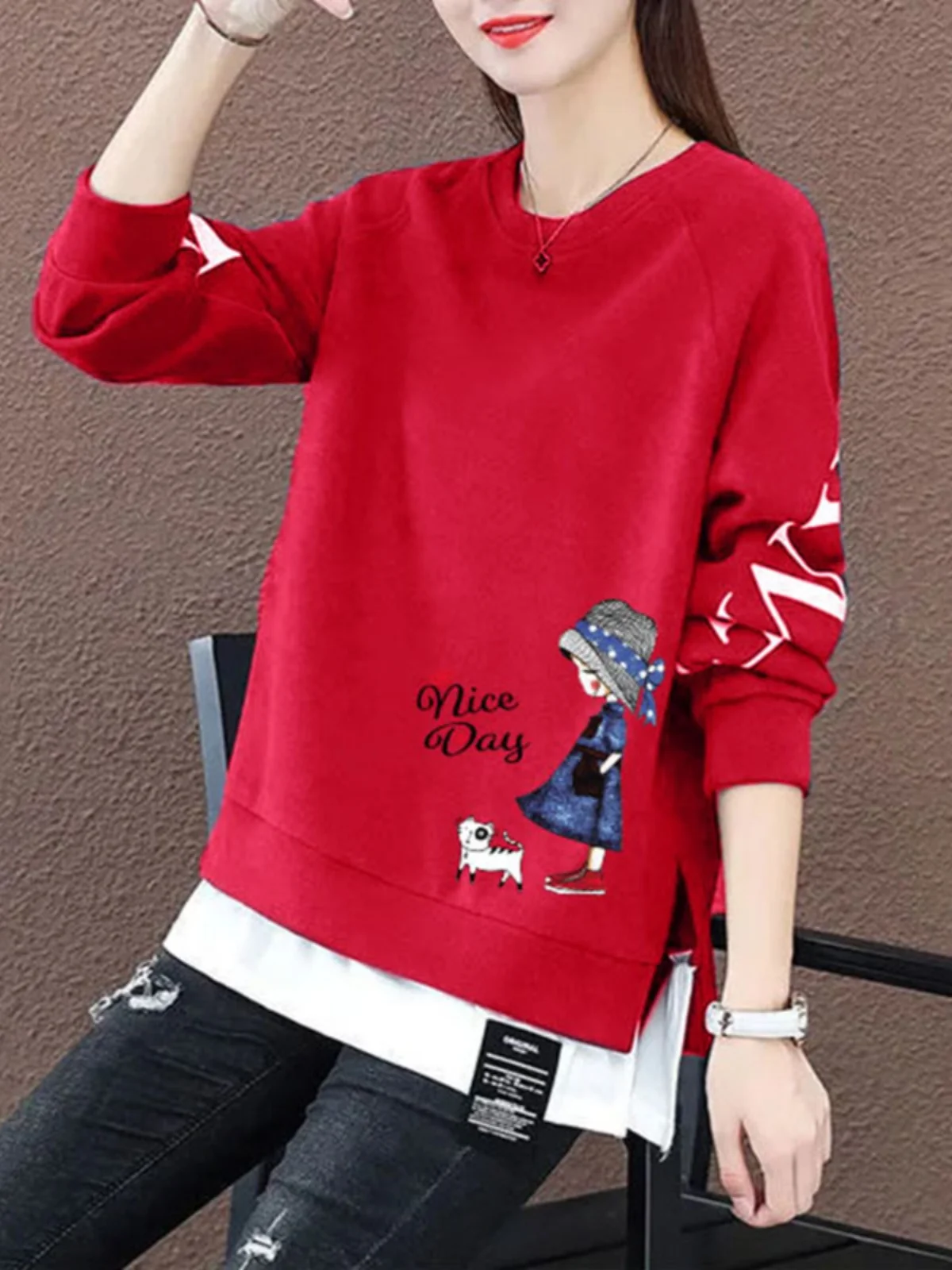 เสื้อสเวตเตอร์ทรงหลวม คอกลม แขนยาว ความยาวปานกลาง สไตล์เกาหลี เสื้อคลุมแฟชั่น ทันสมัย ดีไซน์สองชิ้นในตัว สำหรับฤดูใบไม้ผลิ ฤดูใบไม้ร่วง ฤดูหนาว