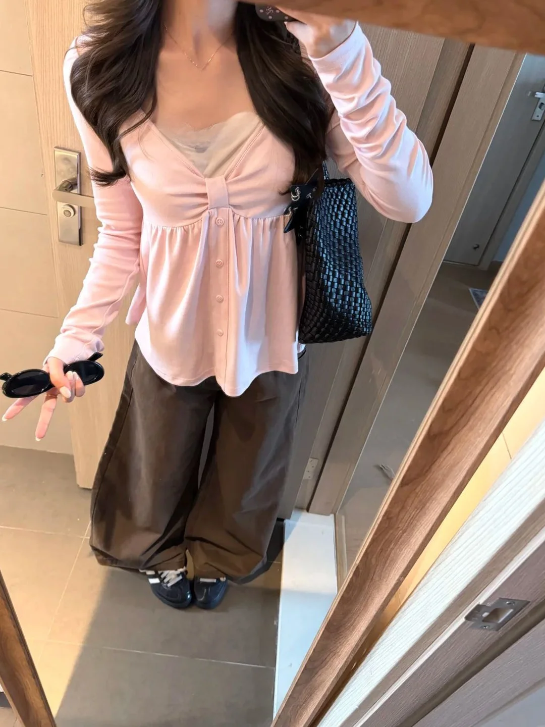 Korean Style Sweet Pink Bowtie Fake Two-Piece Doll Shirt Women's Loose Long Sleeve T-Shirt Top for Autumn Youthful Atmosphere