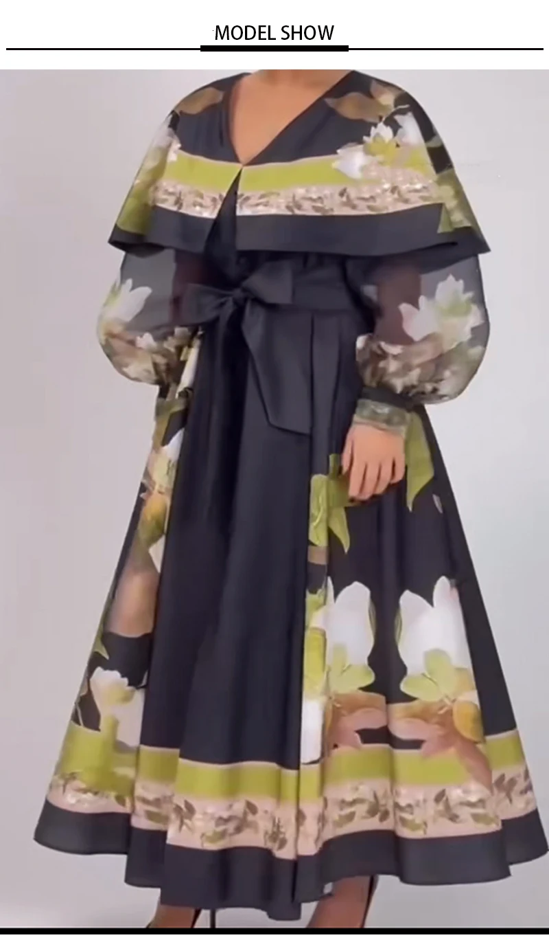 Retro 2025 Women's Autumn New V-Neck Cloak Lantern Long Sleeve Loose Print Dress With Waist-Tied And Big Swing Fluffy Dress