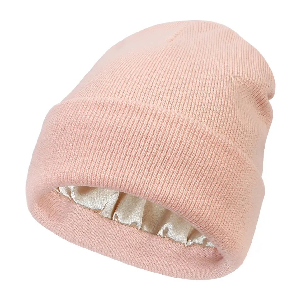 Unisex Satin Lined Beanie Hat For Women Winter Silk Lining Slouchy Warm Cuffed Skullies 2Layer Hair Cover Sleep Cap, image 18