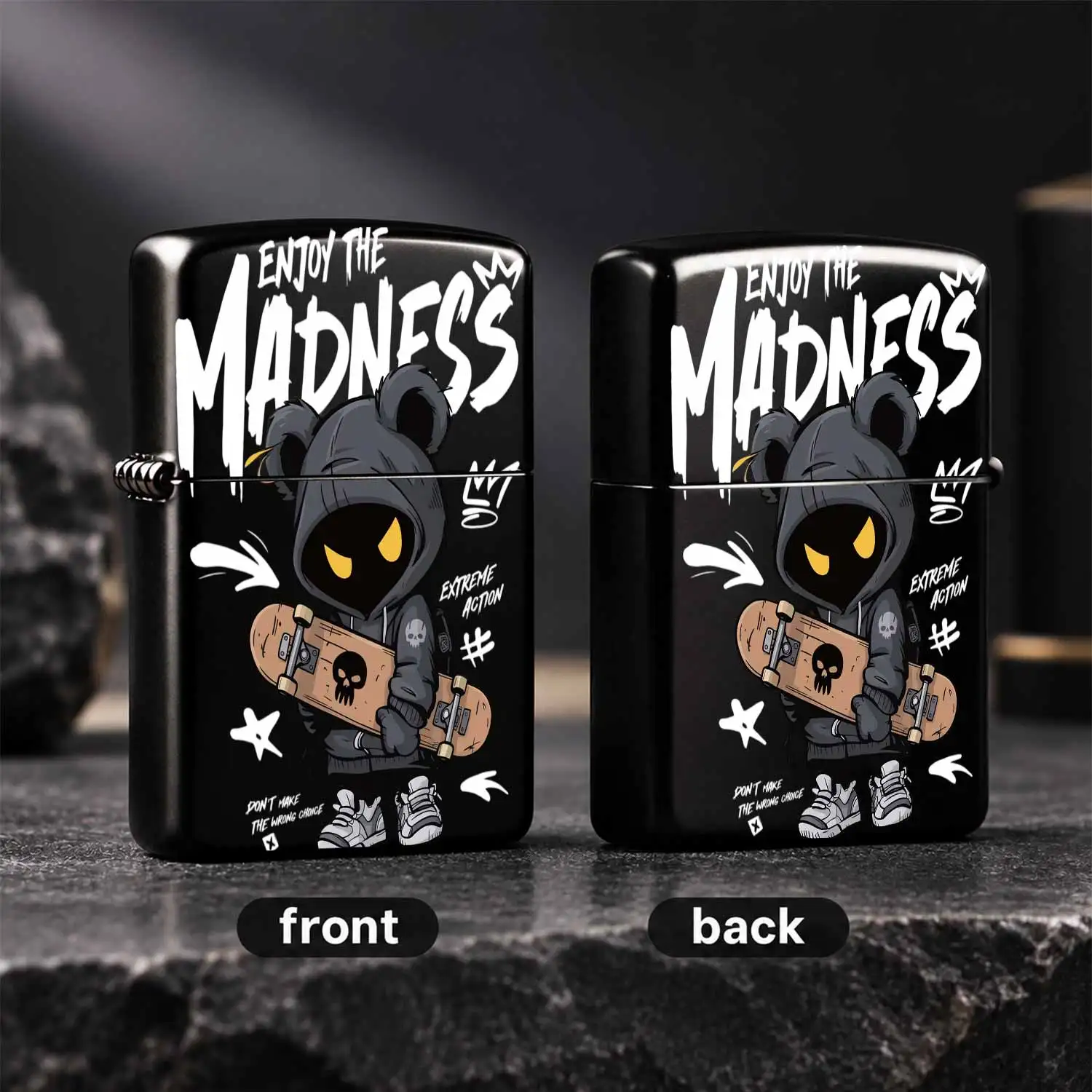 Trendy Cool Skateboard Bear Lighter, Stylish Dark Bear Hooded Cartoon Design Portable Igniter, Daily Carry Practical Fun Item, Ideal Creative Gift For Friends And Hobbyists, Suitable For Camping Travel Daily Use Multipl A Humorous And Inter