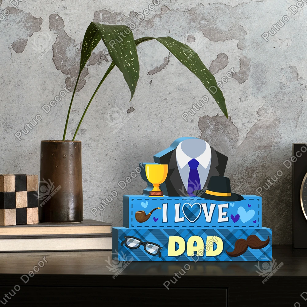 

Putuo Decor 1pc Wooden Table Decor, I Love Dad, Desktop Decoration for Home Farmhouse Garage Office Man Cave, Father's Day Gift