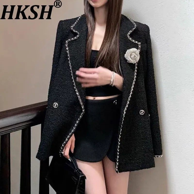 

HKSH 2025, осень-зима, новый женский шерстяной пиджак, тяжелая цепочка, двубортные карманы, элегантное офисное женское толстое пальто HK13677
