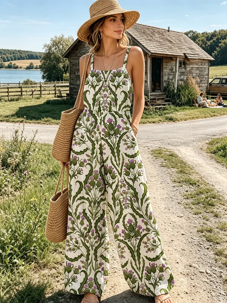 74316-9b9fb6.png Women's Boho Floral Print Jumpsuit, Casual Summer Spaghetti Strap Wide-Leg Romper, Beach Vacation Jumpsuit with Pockets - Image 1