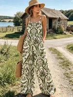 Women's Boho Floral Print Jumpsuit, Casual Summer Spaghetti Strap Wide-Leg Romper, Beach Vacation Jumpsuit with Pockets