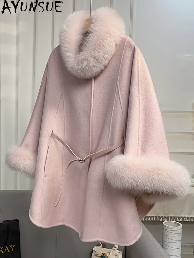 AYUNSUE Natural Cashmere Coat for Woman Fox Fur Double Sided Cashmere Coat Woman Clothes Loose Cloak Woolen Coat Autumn Winter