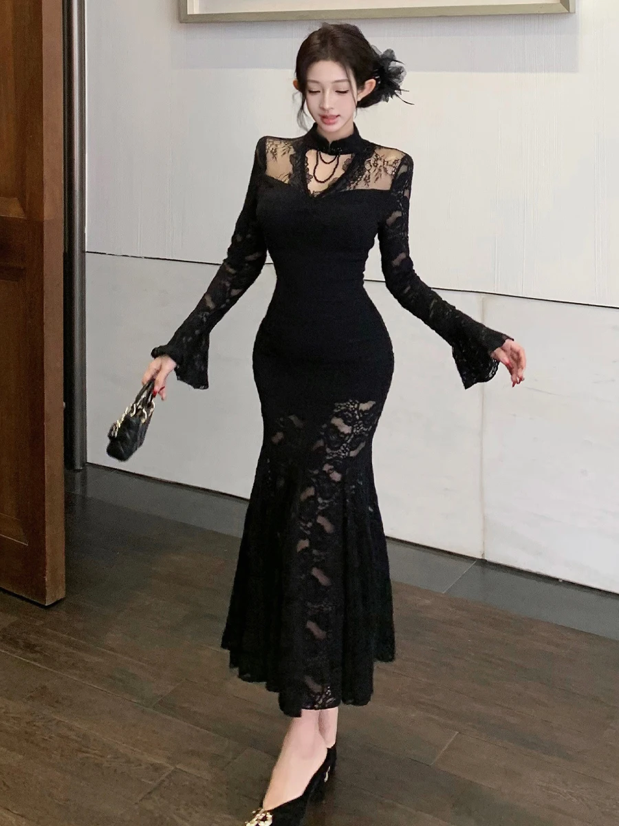 

Сексуальная кружевная юбка Qipao Fi Tail Dr Bodycon Long Sve Bell Sve Qipao с талией для молодых женщин