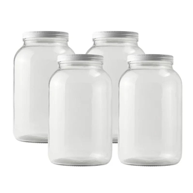 NEW.Pack of 4 One Gallon Wide Mouth Jar with White Metal Airtight Lid, 4 Glass Jars with 4 Fermentation Lids, Ideal Glass Jars