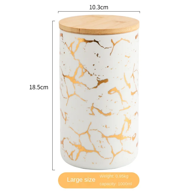 Modern Gold Plated Marbled Ceramic Jar with Wood Lid Kitchen Spice Grain Tank Candy Nut Tank Sealed Storage Jar Gift Home Decor