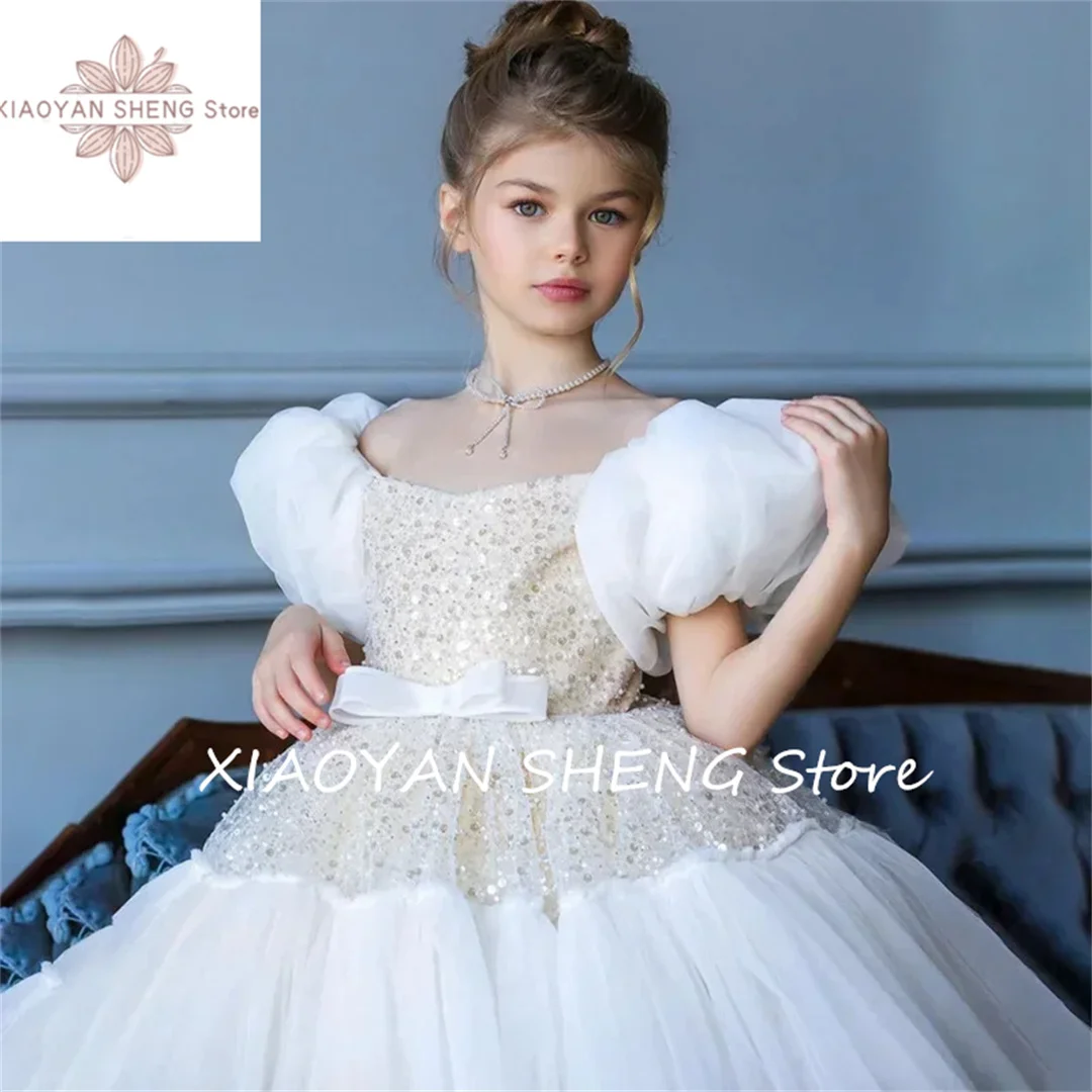 Rosa Tüll Blumen mädchen Kleid für Hochzeit Pailletten geschwollen mit Bogen kurze Ärmel niedlichen Baby Geburtstag Ballkleider Party kleid