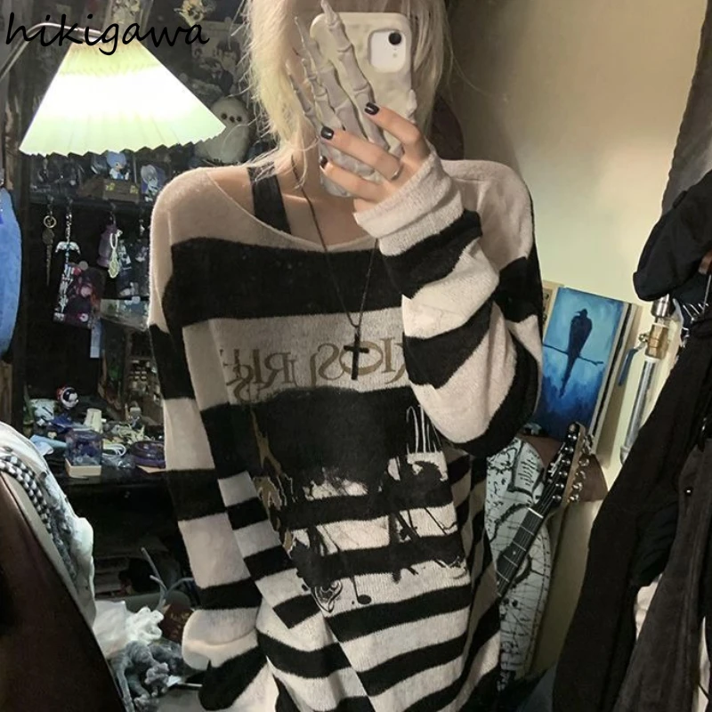 

Striped Sweater for Women Casual Y2k Tops Korean Jumper Pull Femme Fashion Thin Sueter Mujer Knitting Print Oversized Pullovers