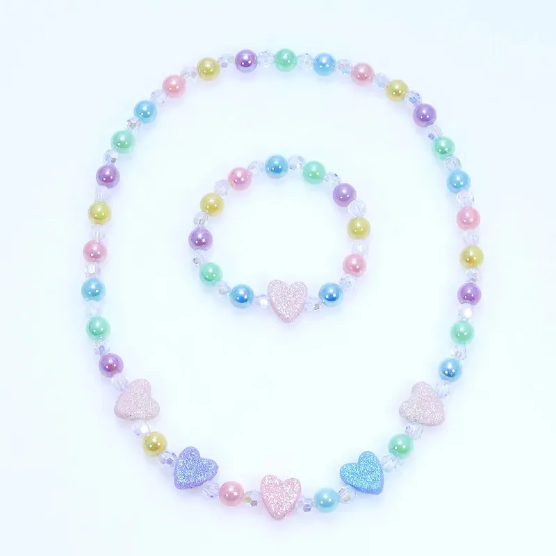 2pcs Girls' heart-shaped decorated beaded necklaces and bracelets are worn daily throughout the four seasons in random