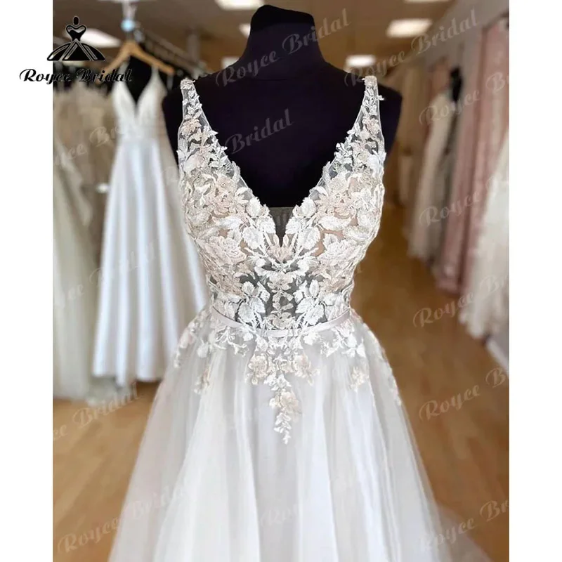 Robe Vestido Wedding Dress Unlined Bodice FLowy A Line V Neck Sleeveless Floral Vestaglia Donna Open Back Bridal Gowns Trouwjurk