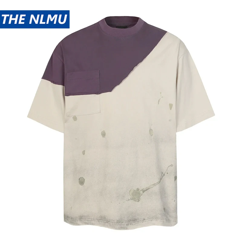 

Мужская винтажная футболка с пэчворком, эффектом потертости и коротким рукавом, летняя коллекция 2026, в стиле гранж, уличная мода