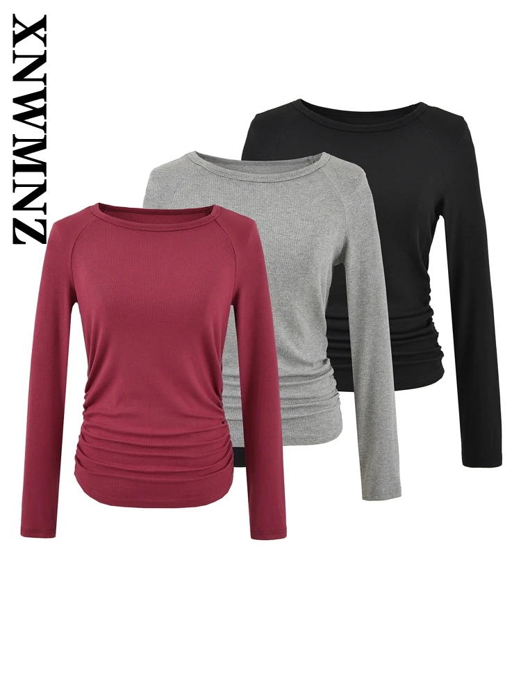 XNWMNZ 2024 Winter New Lady Vintage Long Sleeve T-shirt Pullover Sophisticated Autumn Woman O-Collar Long Sleeve Top Regular Fit