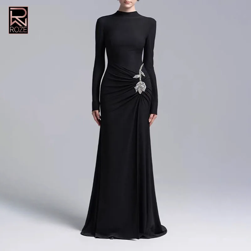 فستان أنيق متوسط الطول موديل 2025 مع كشكشة وأحجار الراين - فستان بقصة ضيقة ورقبة دائرية #1