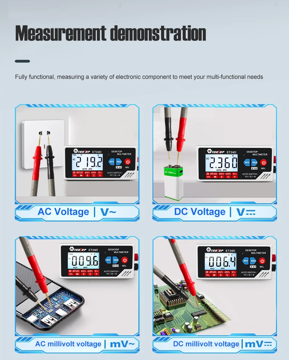 TOOLTOP ET24D 6000 Counts Digitalmultimeter Smart Desktop Multimeter Auto Range Wiederaufladbarer Akku für PCB-Schaltkreistests – Detail 14