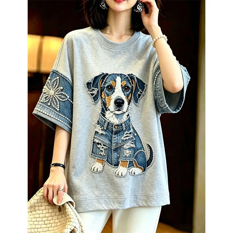 Fashion Man Women T-shirts Blouse 2026 New Summer Embroidered Puppy Denim Patchwork T-shirt Short Sleeve Retro Round Neck Top