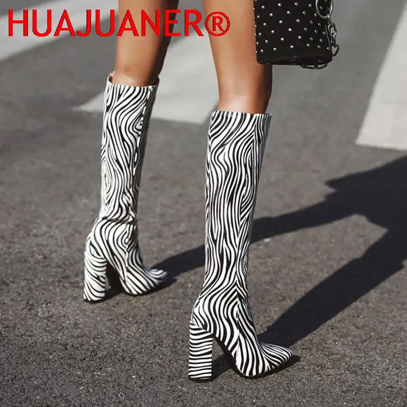 

Womens Knee High Boots Pointed Toe Chunky Block Zebra Printing for Women Pointed Toe High Heels Shoes Ladies Thick Heel Botines