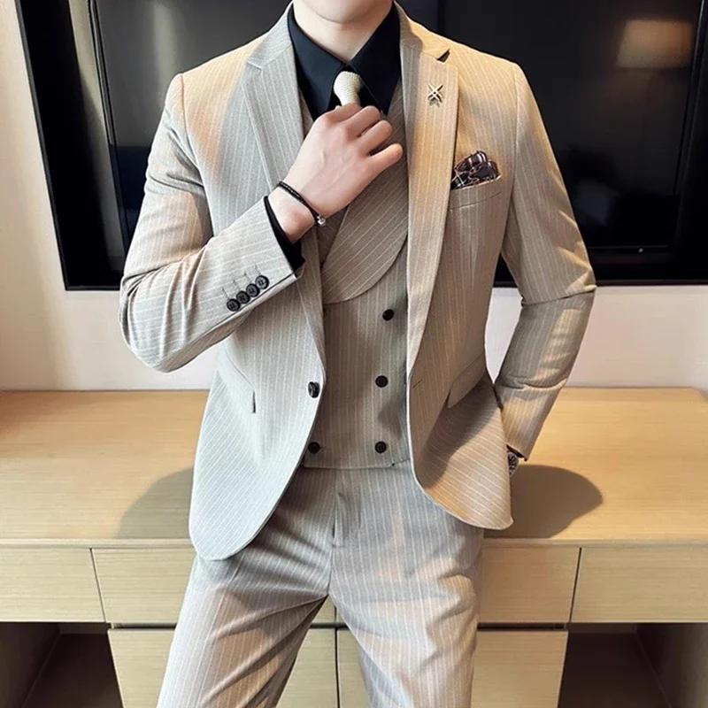 2023 Fashion New Men Casual Boutique Business Striped Slim Fit Wedding Dress Suit Coat Set Male 3 Pcs Blazers Jacket Pants Vest