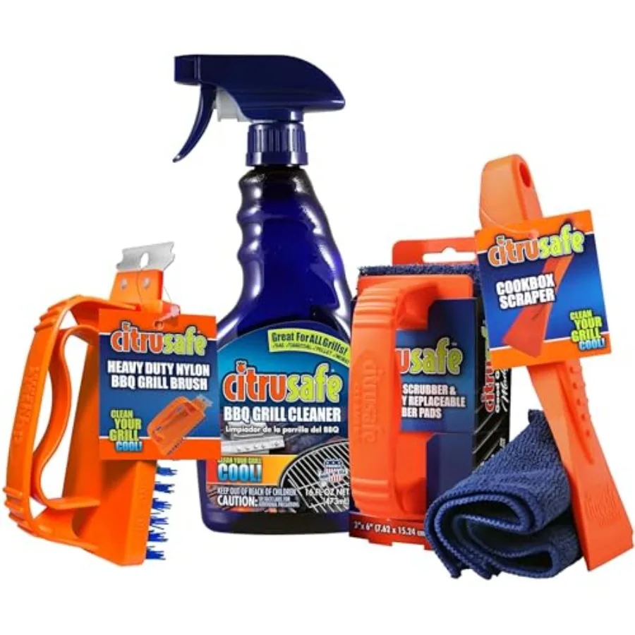 

Citrusafe Complete Grill Cleaning Kit - Grill Cleaner Spray 16oz , Scrubber 3 Pack, Nylon Brush, Cookbox Scraper and Microfiber