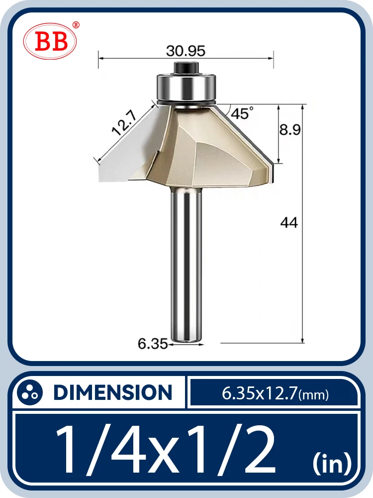 BB-Kegelfräser, Fasenfräser, Lager, 45-Grad-Nut, bündiges Trimmen, konisches DIY-Holzfräswerkzeug, 1/2 1/4 Pferdease