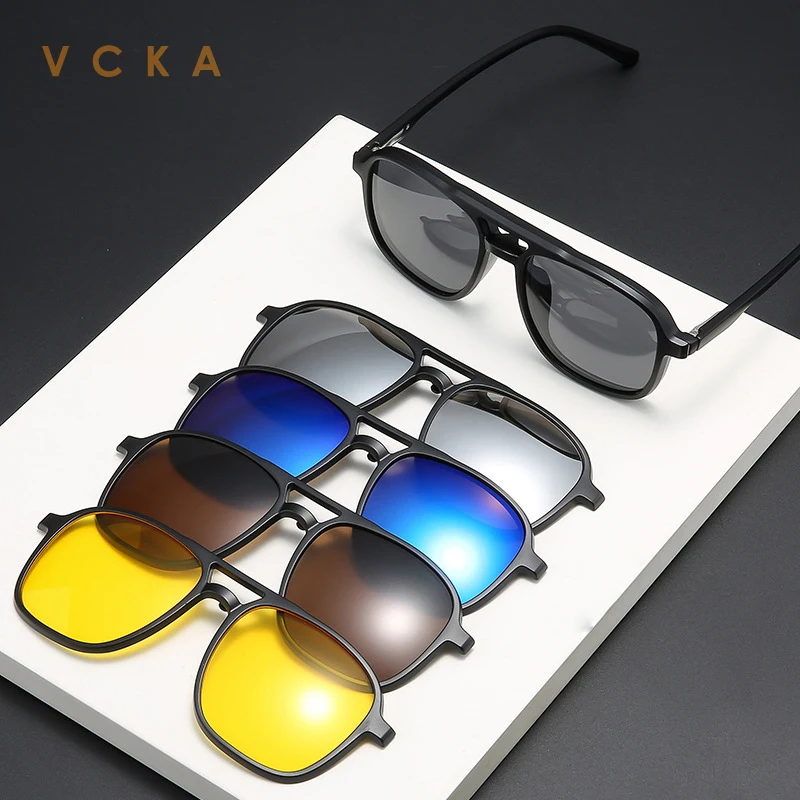 VCKA 6 In 1 Men Women Reading Sunglasses Polarized Optical Magnetic Clip Prescription Custom Glasses Big Frame +1.0 TO+4.0