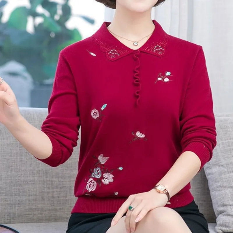 Autumn Winter Women's Pullover Turn-down Collar Solid Rhinestone Embroidered Flower Lantern Long Sleeve Sweater Knitted Tops