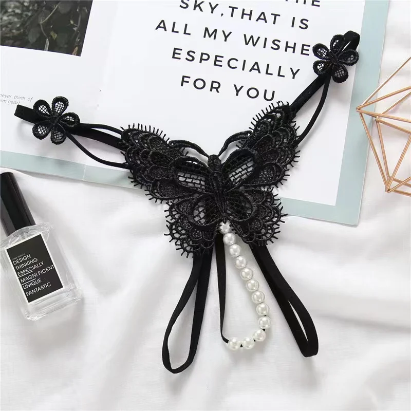 

Butterfly embroidery panties ladies sexy low rise hot pearl massage thong cutout see-through t-pants