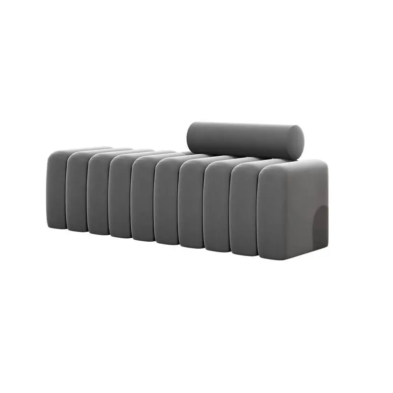 Nordic cloakroom, fabric sofa in front of bed, long strip art entrance, shoe change stool, creative bedside stool, household