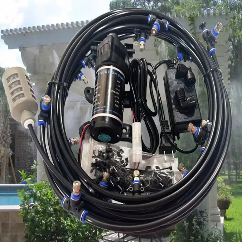 

New black low-pressure atomizing system Automatic spraying system with silent pump T connector for outdoor cooling
