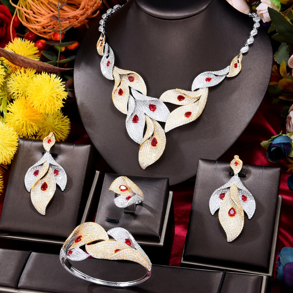 

GODKI Indian 4PCS Jewelry Set Leaf Noble Bangle Ring Necklace Dangle Earrings for Luxury Women Bridal Wedding Jewelry Sets