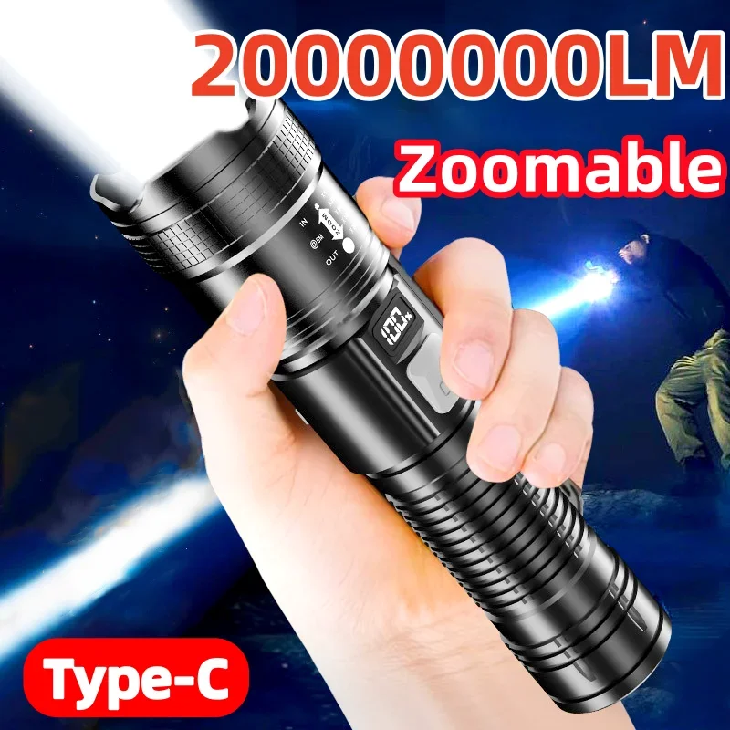2000000LM Ultra-High Power Flashlight Digital Electronic Display Waterproof Torch Zoom Hand Light Outdoor Camping Lantern Luces