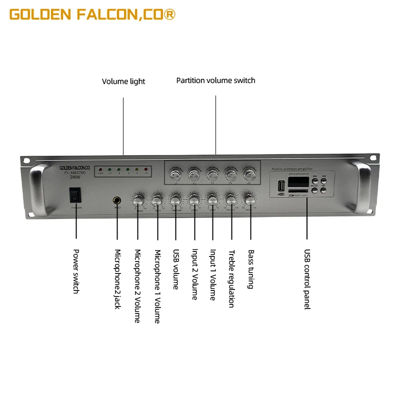 Amplificador de Potência Display Digital Bluetooth, Proteção contra Curto Circuito, Sistema de Endereço Público, U Disk, Cartão SD, USB, FM 5U, 240W