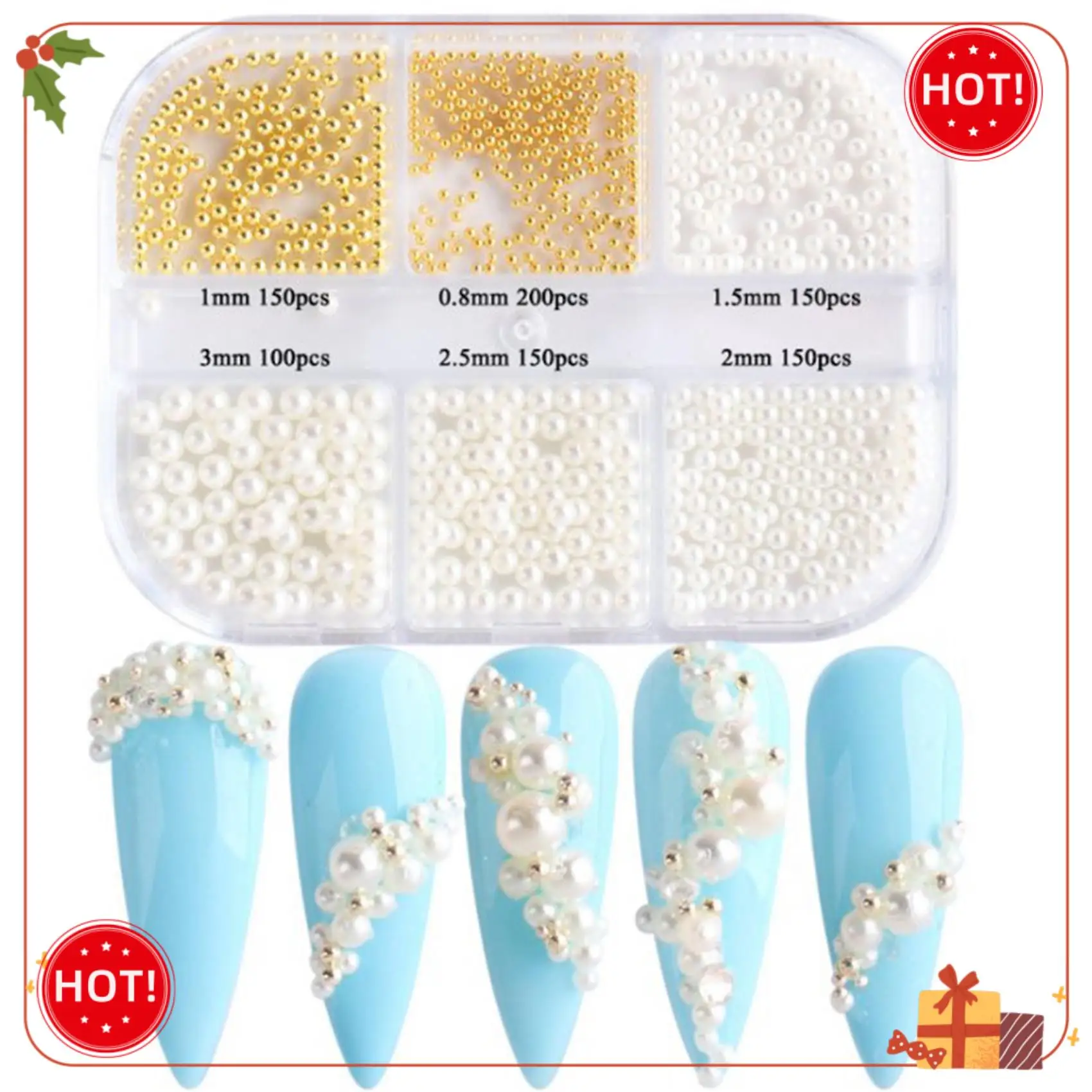 ABLE-1Box decoraciones de perlas, dijes para uñas, piezas redondas blancas para uñas, bolas de cuentas de acero dorado, joyería, accesorios para decoración de uñas