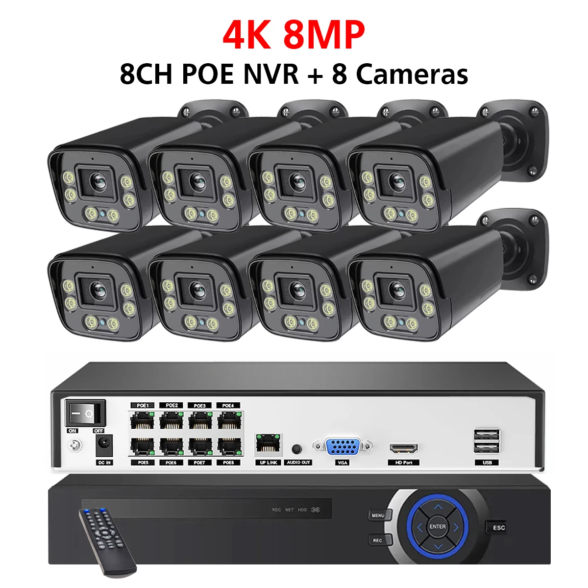 Black 8CH 4K POE CCTV Security Camera System 8MP Two Way Audio Outdoor Waterproof IP Camera Night Vision Video Surveillance Kit