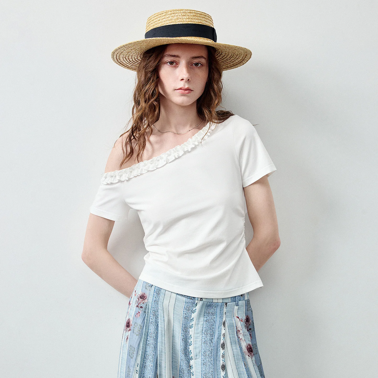 Women's Lace Off-Shoulder Top and Rose Stripe Pants Set