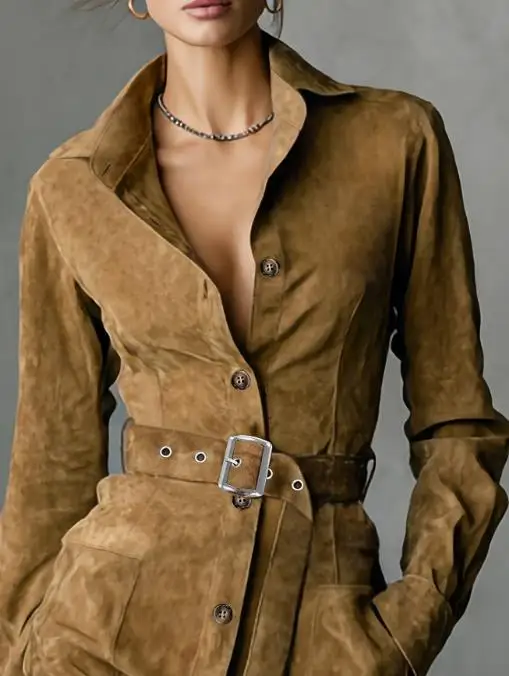 

Womens Dresses 2026 Spring Autumn Retro Solid Color Turn-Down Collar Pocket Design Long Sleeve Single Breasted Midi Shirt Dress