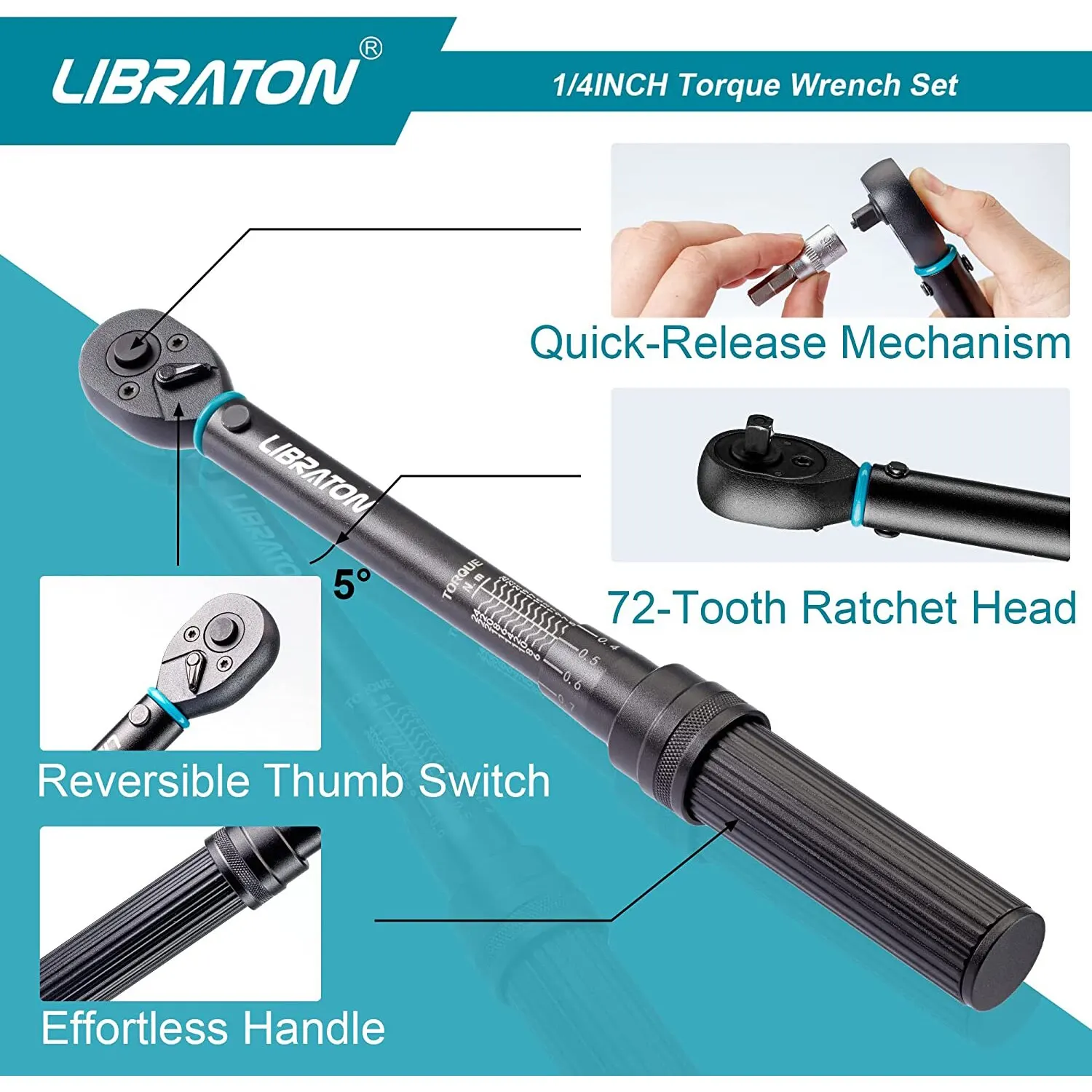 LIBRATON Bike Torque Wrench 1/4 Inch 5 to 25Nm 0.1 Nm Micro Drive Click Torque Wrench Set Hex Torx Bit Sockets Extension Bar