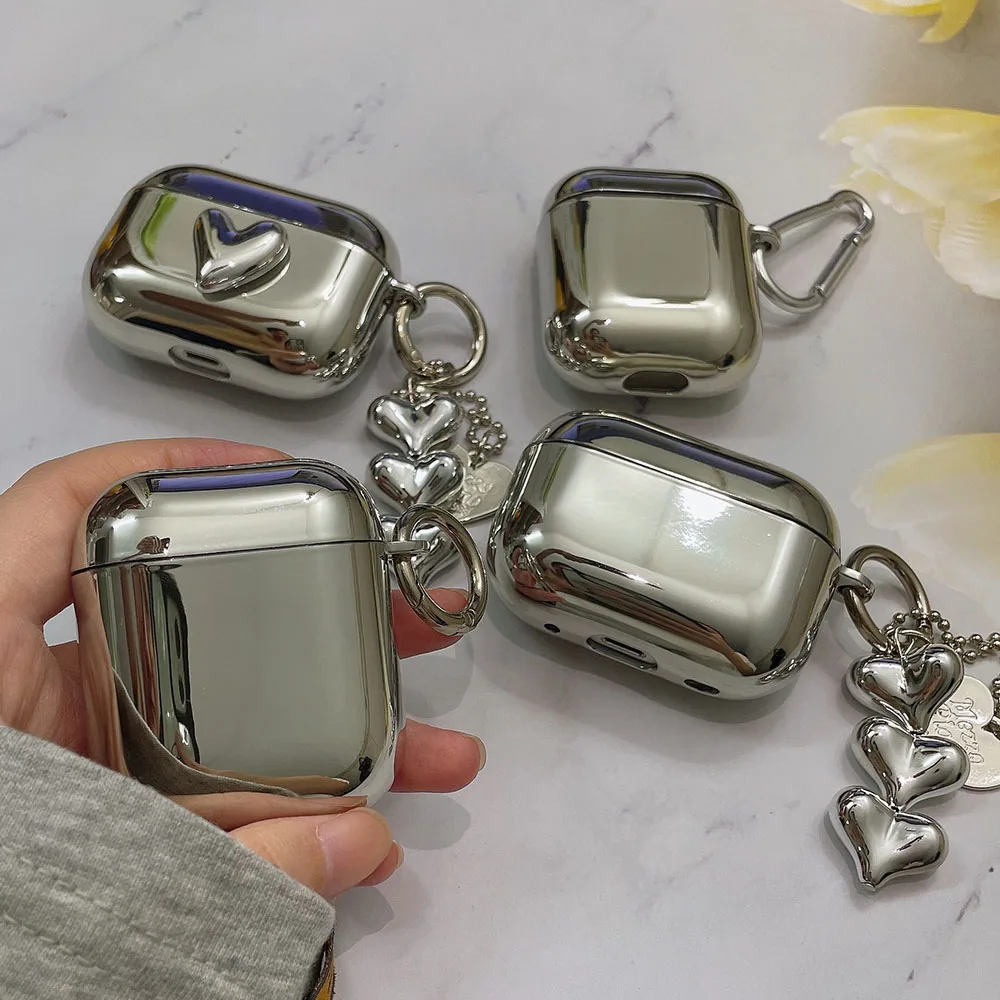 Electroplated Silver Soft TPU Case For AirPods 4 3 Pro 2 1 Mirror Plating Earphone Protective Cover Heart Keychain Accessories