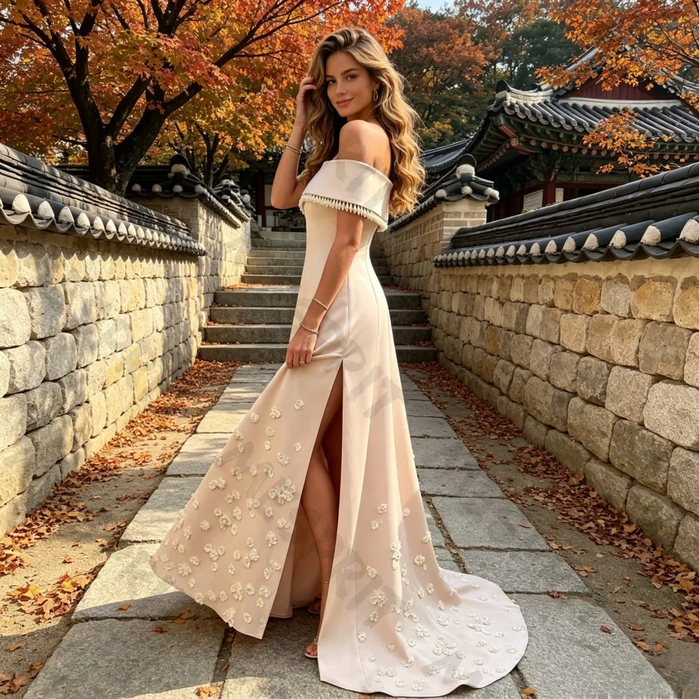 Customized Off Shoulder Side Sewn Pearl Tassel Evening Dress 2026 Simple Flower Decal Mermaid Dance Gown Suitable for Parties
