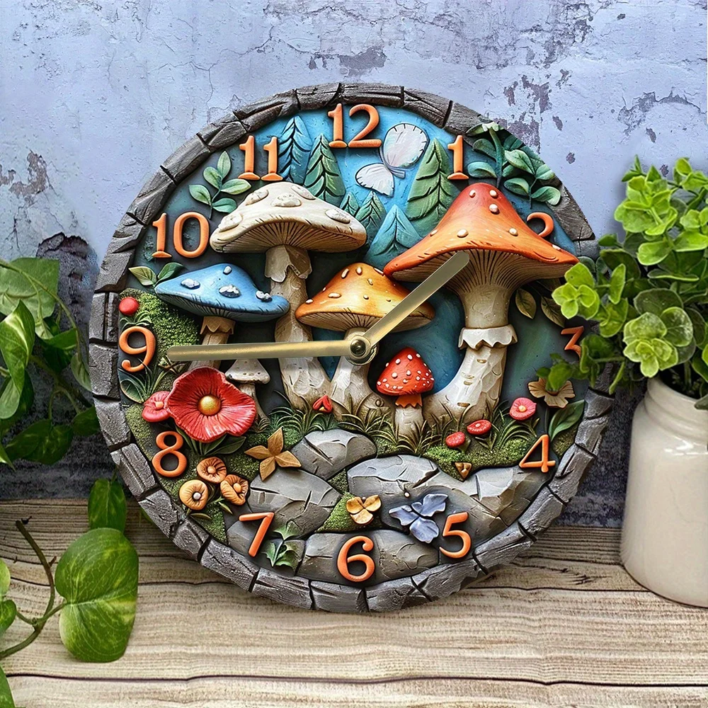 Mushrooms Forest Theme Silent Wall Clock - DIY Assembly Kit with High-Definition 2D Print, Includes Movement Clock Wall