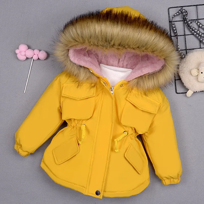 Kids Girl Jacket Big Fur Warm Toddler Children\'s winter cotton padded clothes girls thickened Hooded cotton padded coat