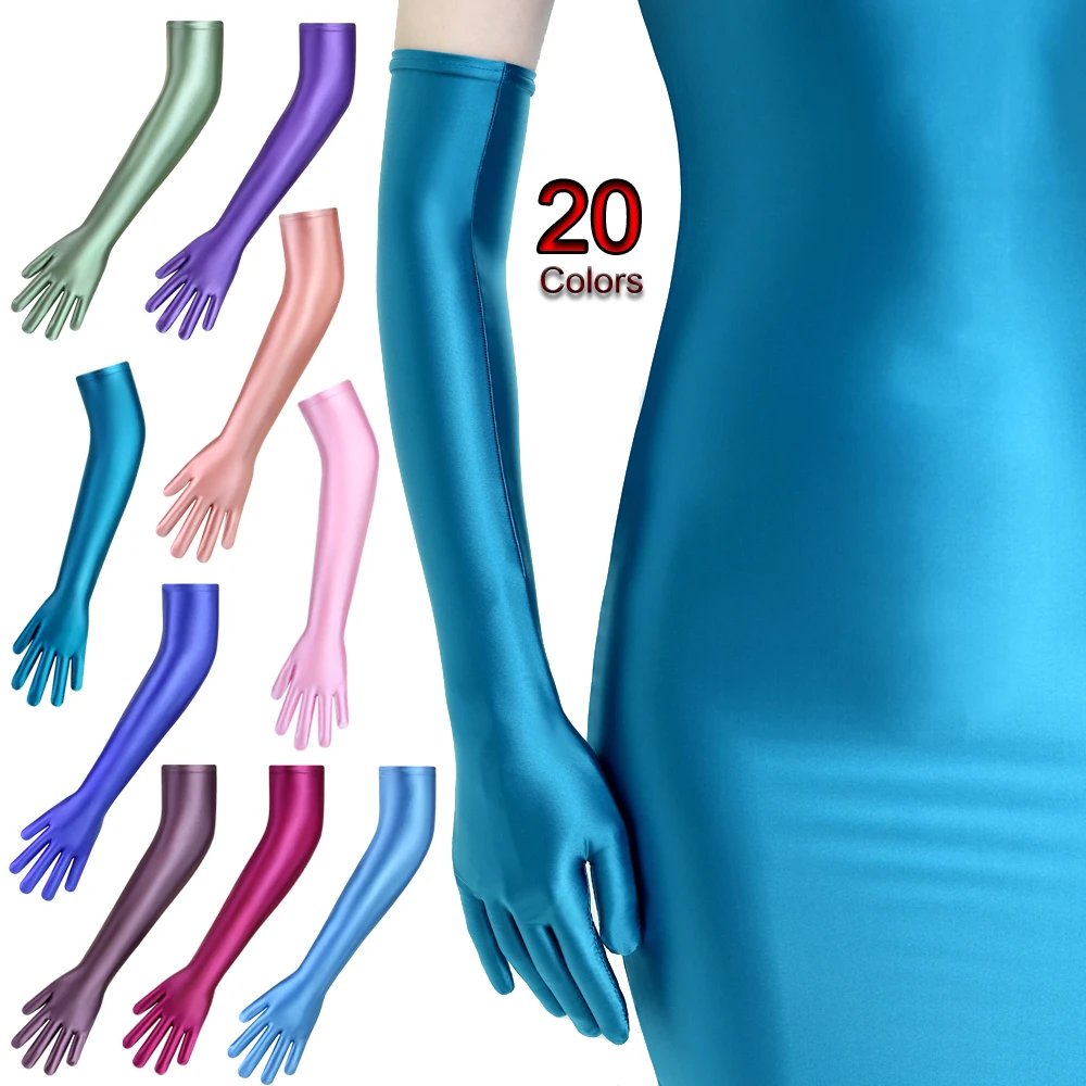 

MJINM глянцевые атласные масляные перчатки с пальцами, высокая эластичность, длинные сексуальные платья до локтя, перчатки для ролевых игр, клубная одежда, мода