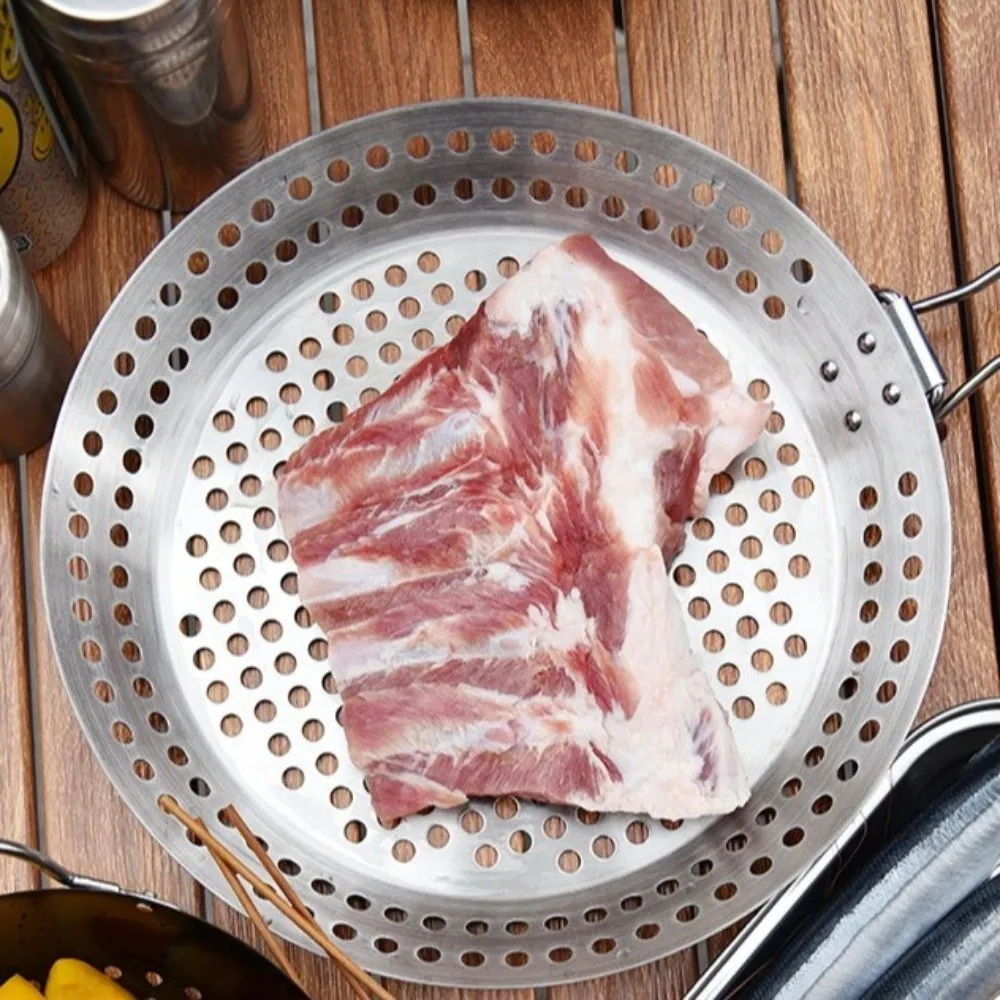 Stainless Steel Vegetable Grill Basket Folding Wood Handle Circular Grilling Skillet Non Stick Grill Fry Pan Kitchen Cooking
