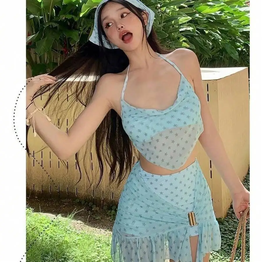 

Mint Star Print Two Piece Bikini Set With Push Up Top And Skirted Bottom
