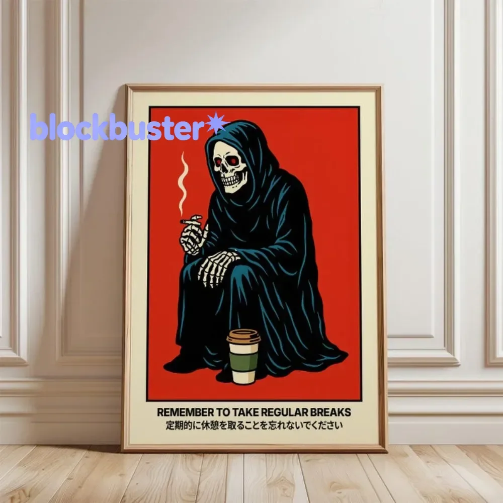 Póster de Grim Reaper Break Poster, Letrero de Descanso Regular, Arte de Pared de Esqueleto con Café, Impresión de Humor Oscu