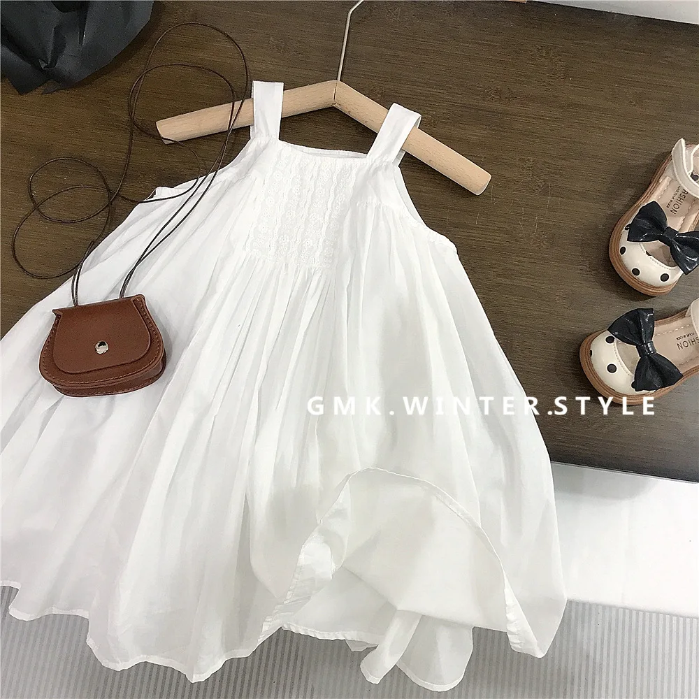 

White Girls Dress 2024 Summer Middle and Small Children's New Foreign Style Fashion Solid Color Breathable Suspender Skirt