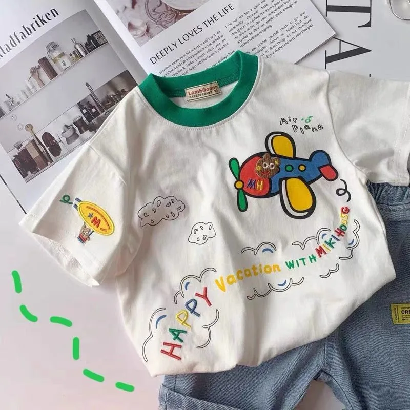2026 Summer Children Boys T-shirts Cotton Plane Cartoon Print Short Sleeve Tops For 1-6Y Boys Loose Round Collar Kid Boys Tees